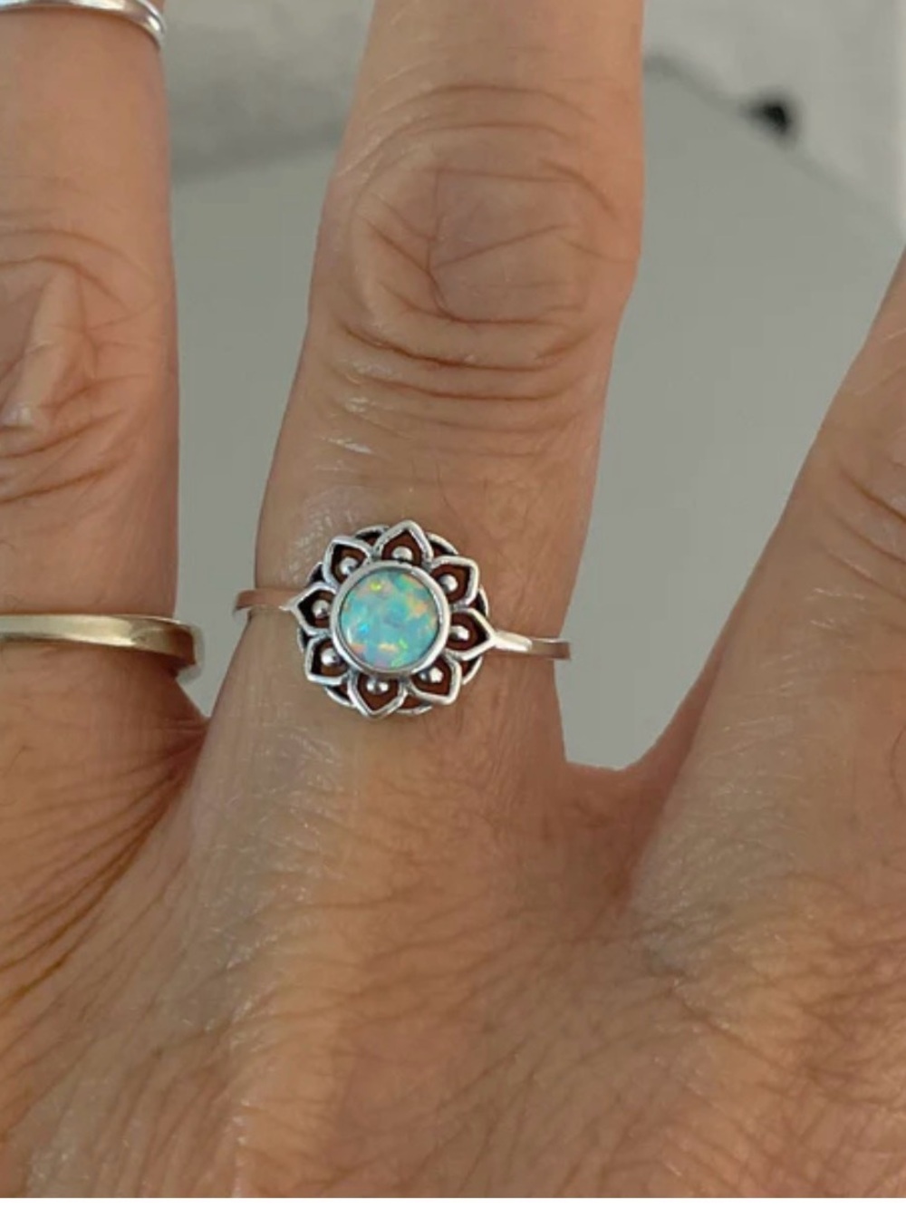 White Gold Plated Floral Halo Ring with Opal Center. New. - Picture 4 of 11
